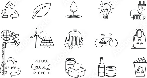 Collection of hand-drawn icons representing sustainability and eco-friendly living concepts
