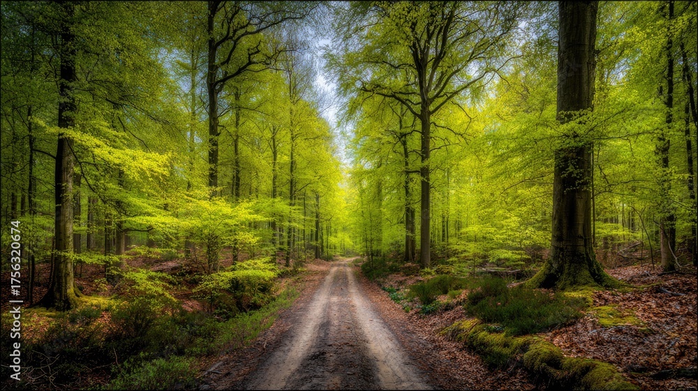 Naklejka premium Path through lush green forest, sunlight dappling the trees, creating a vibrant scene