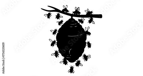 Vibrant swarm of busy bees encircling a natural beehive suspended from a tree branch, symbolizing nature's industry and community.