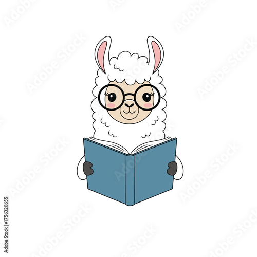 A fluffy llama wearing glasses reads a book with enthusiasm.