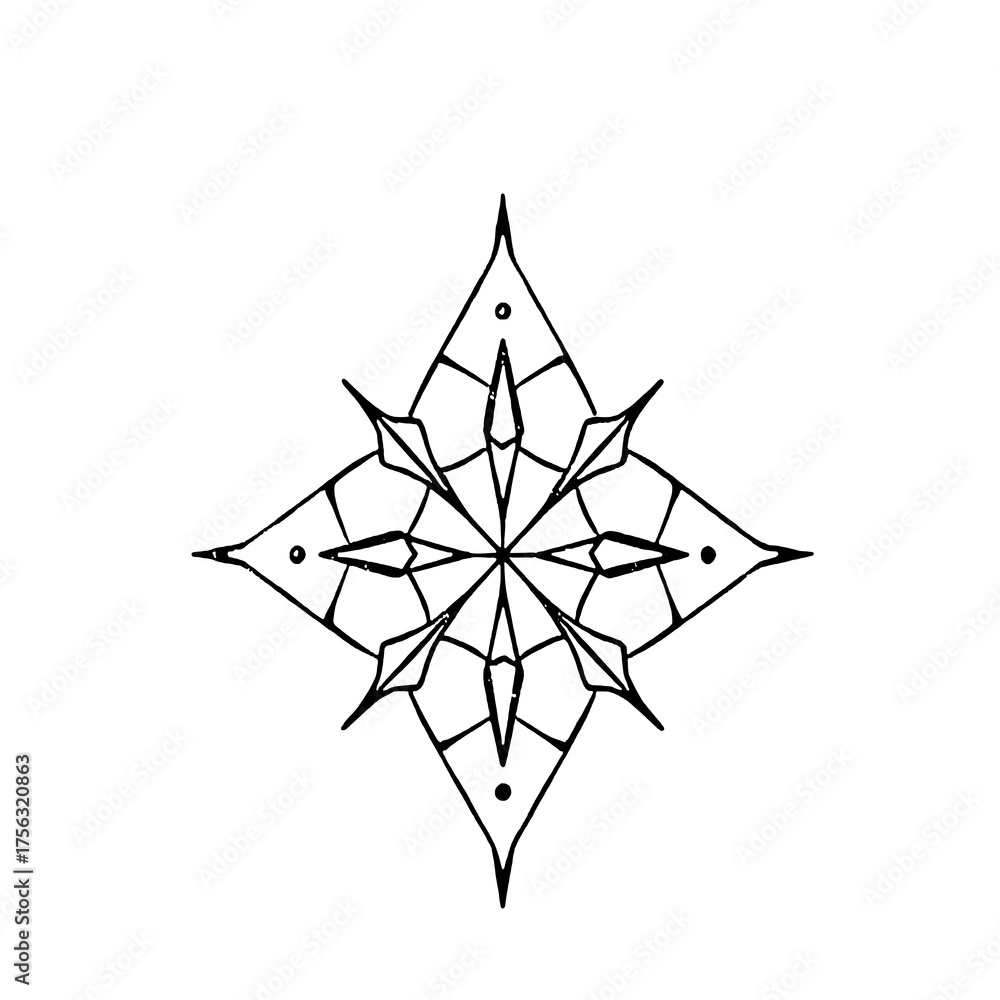 Obraz premium Detailed Hand-Drawn Black Outline Compass Star Mandala Icon with Rustic Texture on White Background