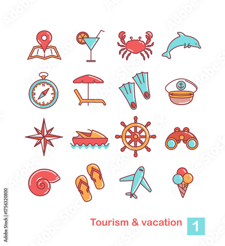 Vacation & tourism Color 1. Flat style color vector symbols isolated on white