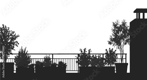 Charming rooftop garden silhouette with potted plants, chimney, and railing evokes serenity, perfect for architectural visualization and urban lifestyle themes