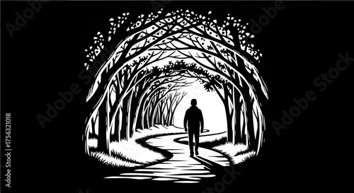 Eerie forest path with a lone figure, evoking mystery, suspense, and solitude, perfect for book covers, gothic themes, and symbolic imagery