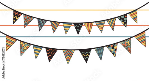 Colorful abstract geometric patterns on triangular pennant banners strung together on strings.