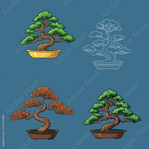 Detailed pixel art illustrations of four distinct bonsai trees showing seasonal changes and artistic styles.