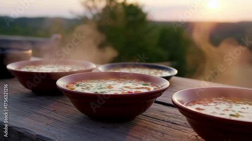 Steaming Bowls of Soup at Sunset: Warm Comfort Food in Nature's Embrace
