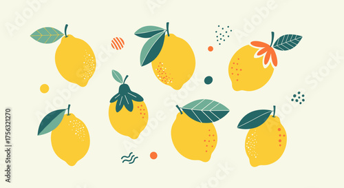 A vibrant collection of fresh and stylized yellow lemons with green leaves and playful graphic elements.