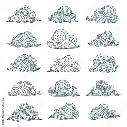 A diverse collection of intricately drawn cloud illustrations in a stylized artistic manner.
