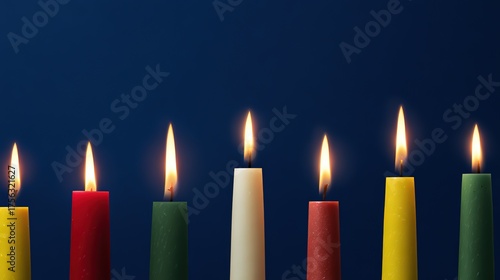 Photoreal overhead view of a row of multicolored tapered candles with glowing flames on deep blue seamless background, showcasing wax texture and festive joy