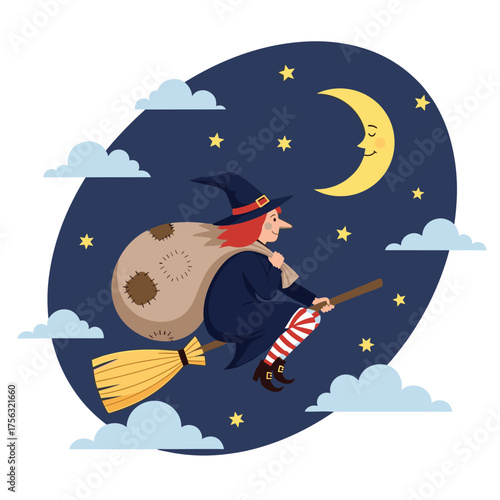 A whimsical witch flies on her broomstick under a smiling crescent moon and starry night sky with fluffy clouds.