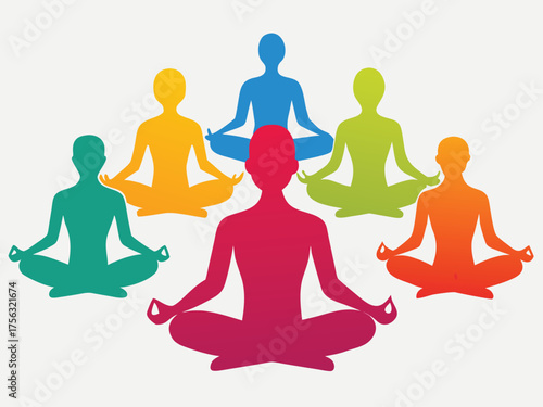 Vector art of group of diverse people meditating in colorful silhouettes, representing unity and mindfulness