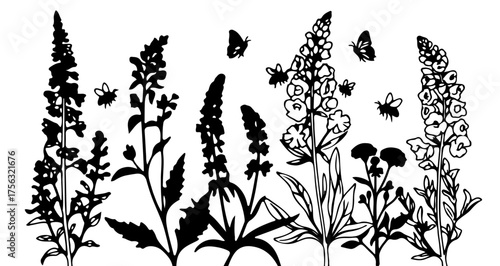 Elegant floral silhouette with butterflies, perfect for nature-themed designs, invitations, and spring promotions. Captivating botanical vector element.