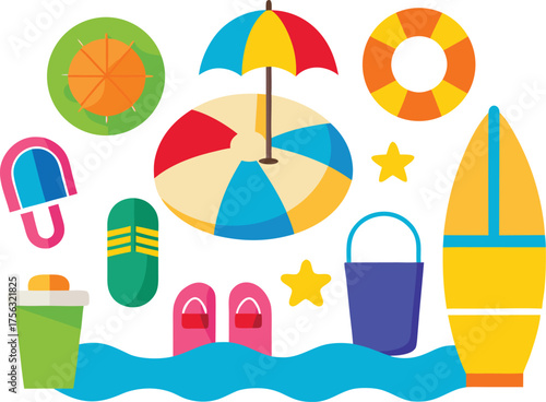 Vector art of collection of colorful beach vacation items, including umbrella, surfboard, and flipflops