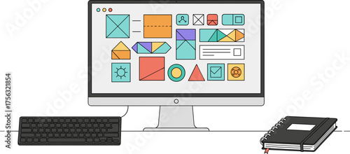A modern workspace featuring a computer screen displaying design elements, a keyboard, and a notebook, potentially indicating creative work or stress.
