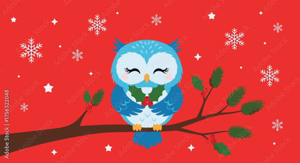 Fototapeta premium A cute blue owl sits peacefully on a snowy branch holding mistletoe.