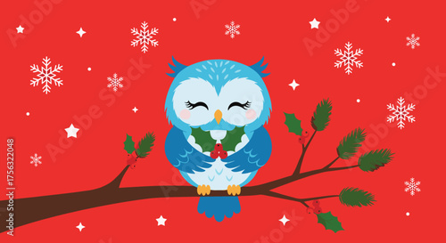 A cute blue owl sits peacefully on a snowy branch holding mistletoe.