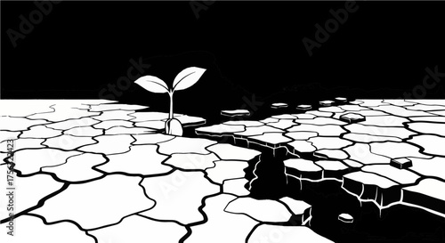 Hopeful sprout emerges from cracked earth symbolizing resilience and environmental recovery after drought, a powerful visual for sustainability campaigns