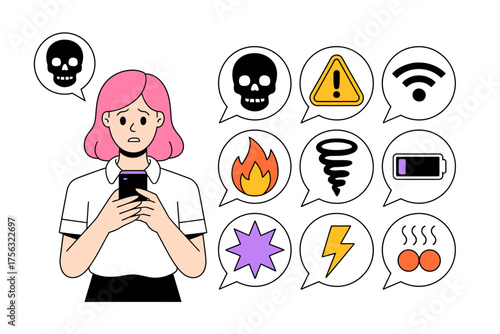 Anxious Woman Checking Phone with Danger and Warning Icons — Digital Stress and Online Anxiety Illustration.