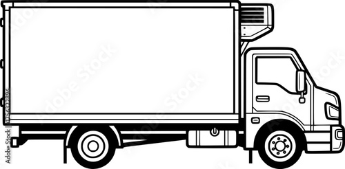 a black and white drawing of a refrigerated truck, vector illustration, minimalist