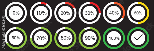 Loading circles and progress circles from 0 to 100 percent. loading bar circle. solid and line icon set. vector illustration. eps file.