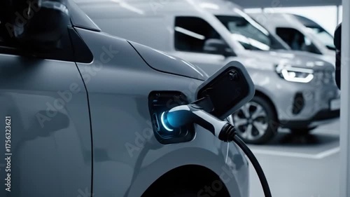 Electric Car Charging Point Plugged Into Vehicle With Blue Glow With Van Fleet In Background In Parking Garage Under Bright Lighting