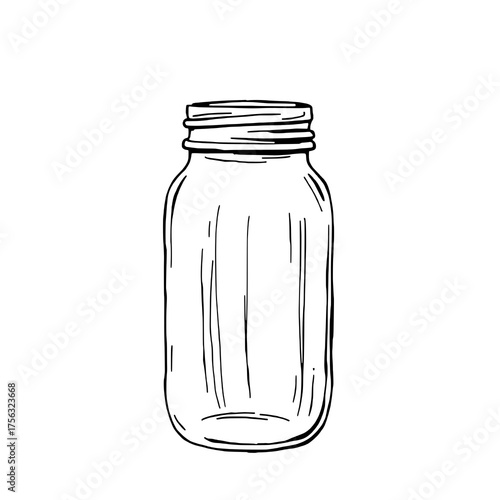 Single Hand-Drawn Outlined Mason Jar Icon with Screw Top Lid and Interior Lines on White Background