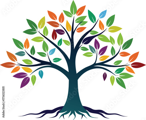 Vector art of colorful tree with multicolored leaves and visible roots