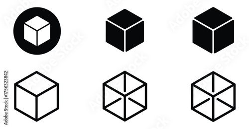 Cube icon set in solid, circular, and wireframe styles—ideal for 3D design, structure, geometry, UI elements, and tech branding 