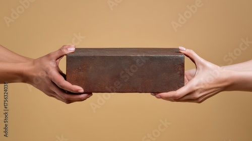 Diverse hands firmly grip a heavy, textured rusty metal block against a warm taupe background, symbolizing collaboration, support, or transfer of responsibility.
