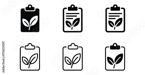 Eco-themed clipboard icons set with leaf symbols, ideal for sustainability, agriculture, environmental records, and green documentation