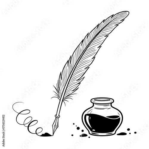 Quill pen and inkwell line drawing black and white