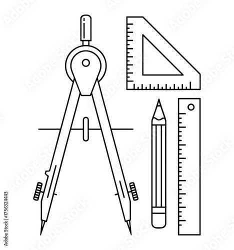 Drafting tools line drawing black and white