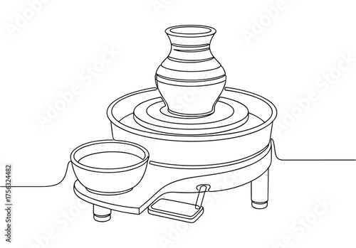 pottery wheel and vase line art black white