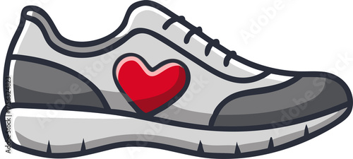 Stylized running shoe with red heart emblem for fitness and love