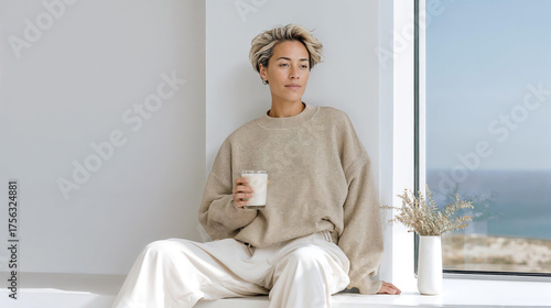 Calm morning with a drink in neutral interior – wellness lifestyle photo