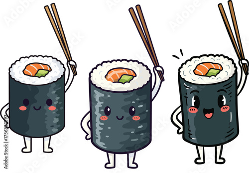 Set of Cute Kawaii Sushi Roll Characters with Chopsticks Vector Illustration.