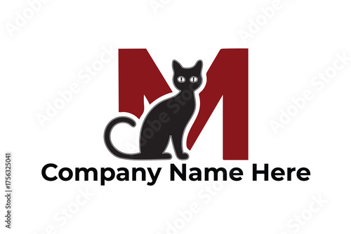 Sleek black cat perched before a bold letter M, symbolizing mystery and elegance
