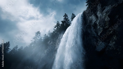 Majestic waterfall plunges down a rugged dark cliff face beneath a dramatic cloudy sky enveloped in mist