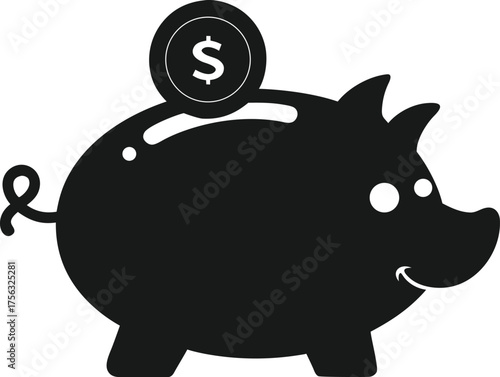 Vector art of silhouette of a piggy bank with a coin being dropped into it, symbolizing saving money