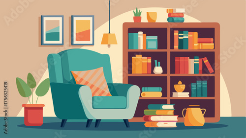 A cozy reading nook with a soft comfortable armchair and shelves lined with art books and magazines.