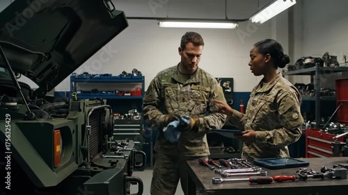 Two Soldiers Working Together in a Military Vehicle Workshop