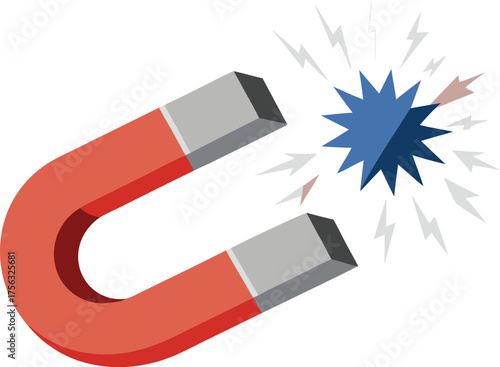 Vector art of a red horseshoe magnet attracting a blue starburst