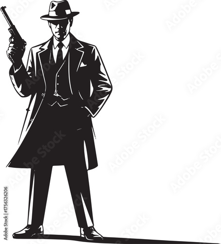 Black and white illustration of a man in a fedora and suit holding a gun