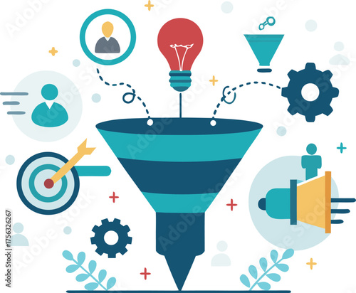 Vector art of sales funnel with icons representing lead generation and conversion