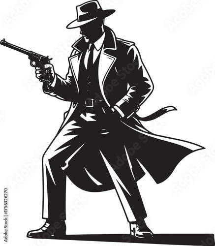 Black and white illustration of a man in a fedora and trench coat holding a gun 1