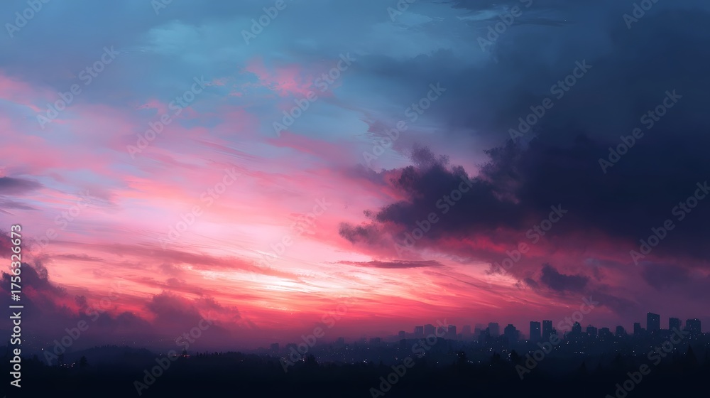 Fototapeta premium A dramatic sky with vibrant pink purple and blue clouds at dusk casting a glow over a silhouetted city skyline