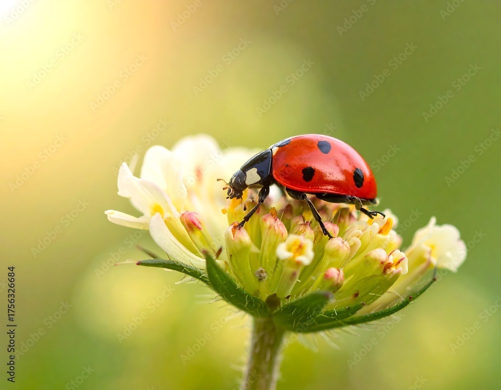 Fototapeta premium A close-up shot captures a vibrant red ladybug with black spots perched on a delicate, white flower. The background softly blurred, highlighting nature's beauty