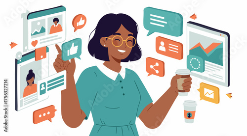 Social Media Manager Interacting with Digital Content - Vector Illustration.