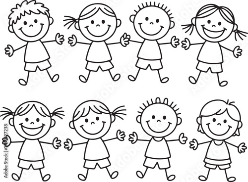 Happy Stick Figures Children Smiling in a Row Vector Illustration